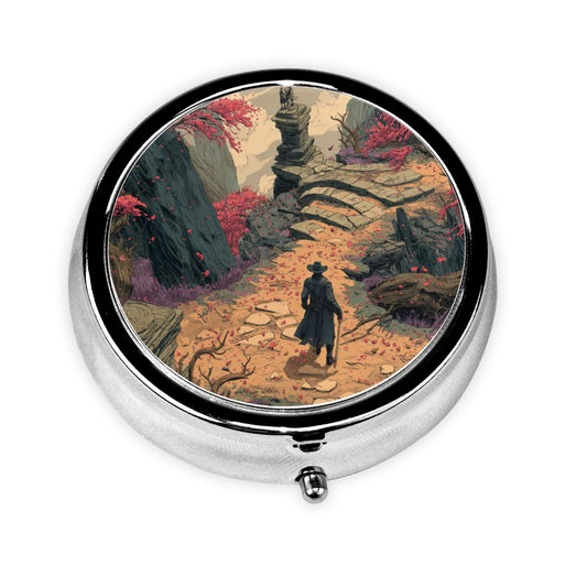 Retro Adventure Style Metal Round Pill Box – Traveler Artwork Portable Organizer