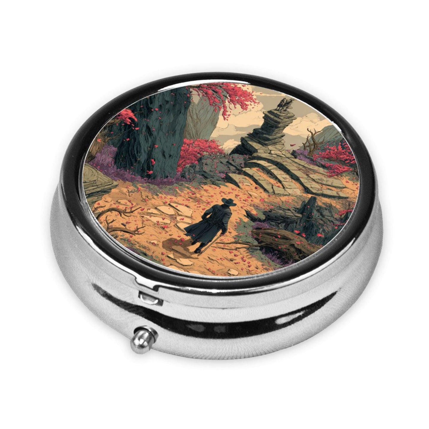 Retro Adventure Style Metal Round Pill Box – Traveler Artwork Portable Organizer