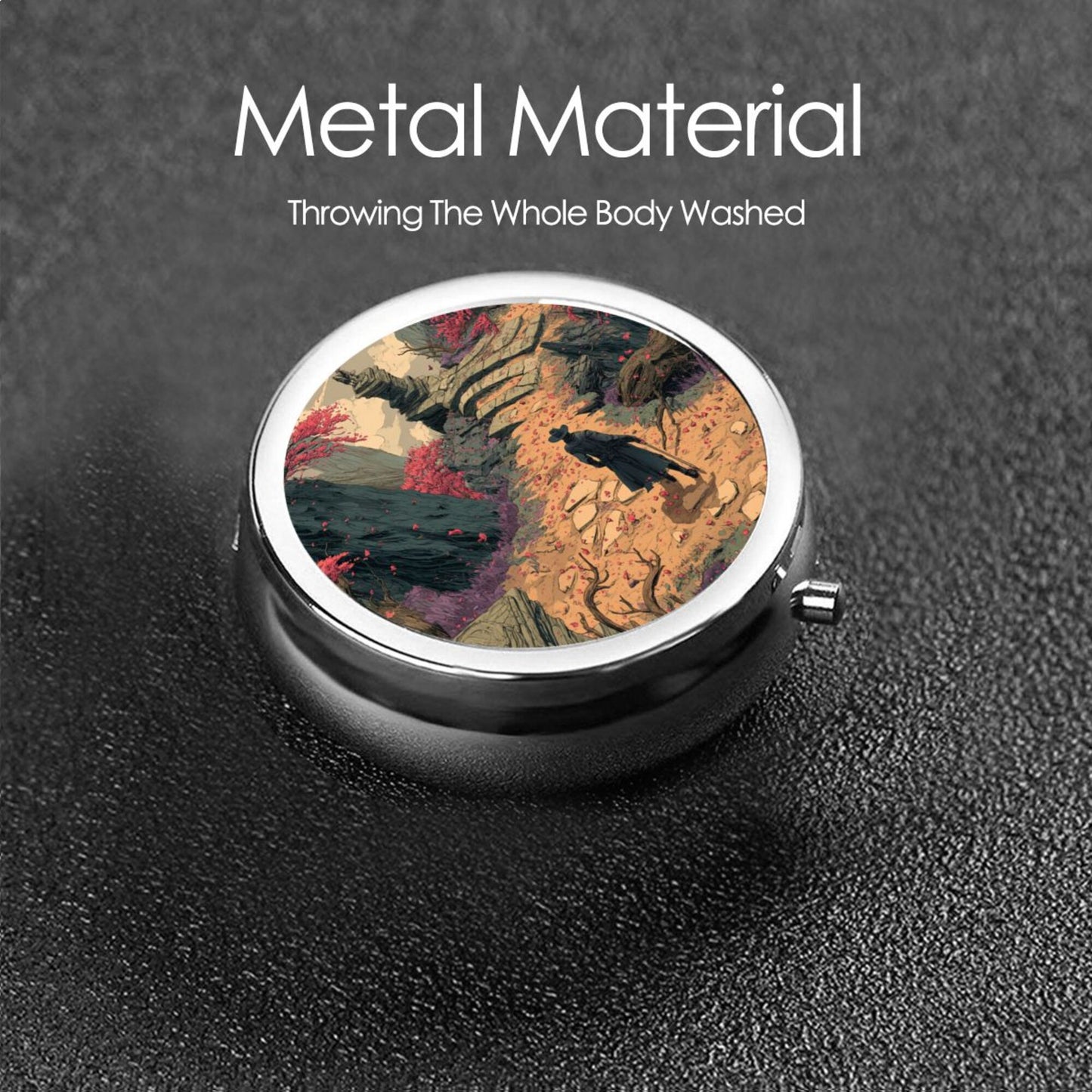 Retro Adventure Style Metal Round Pill Box – Traveler Artwork Portable Organizer
