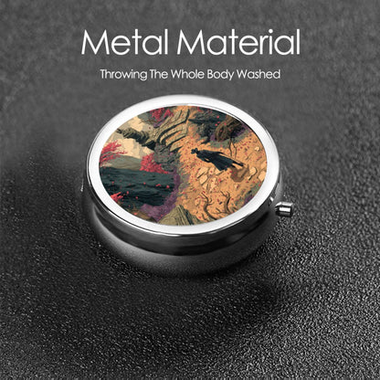 Retro Adventure Style Metal Round Pill Box – Traveler Artwork Portable Organizer