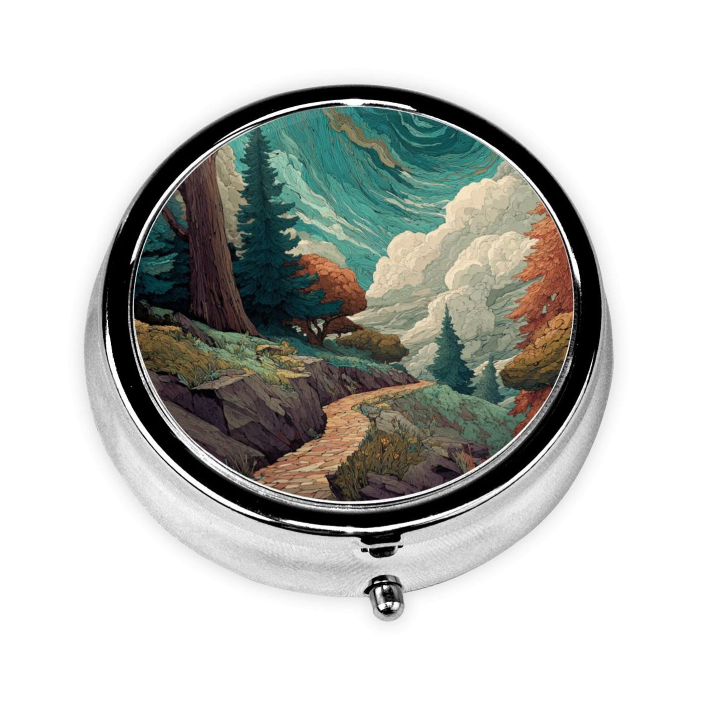 Vintage Art Pocket Pill Case – Round Mini Storage Box with Forest Path Illustration