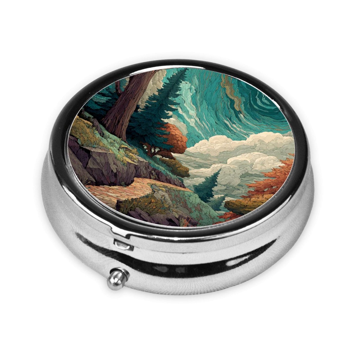 Vintage Art Pocket Pill Case – Round Mini Storage Box with Forest Path Illustration
