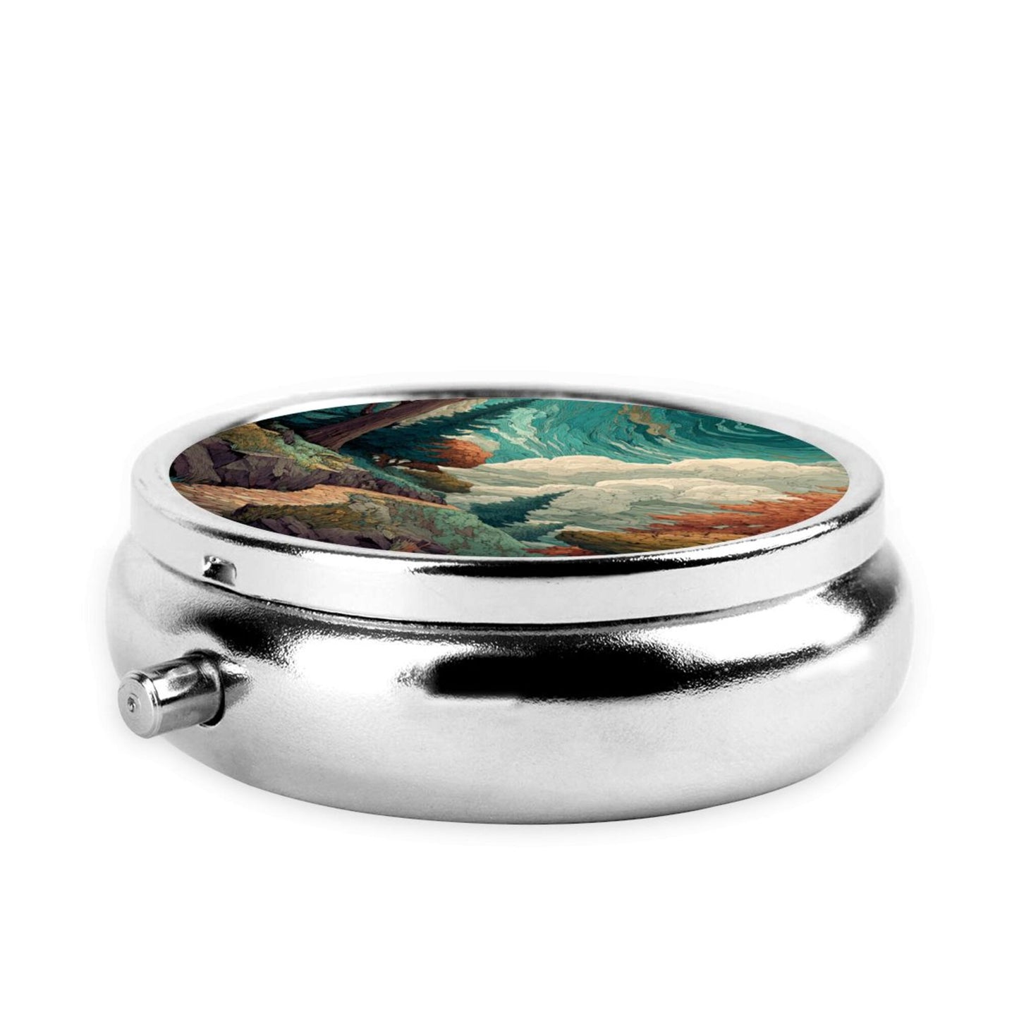 Vintage Art Pocket Pill Case – Round Mini Storage Box with Forest Path Illustration